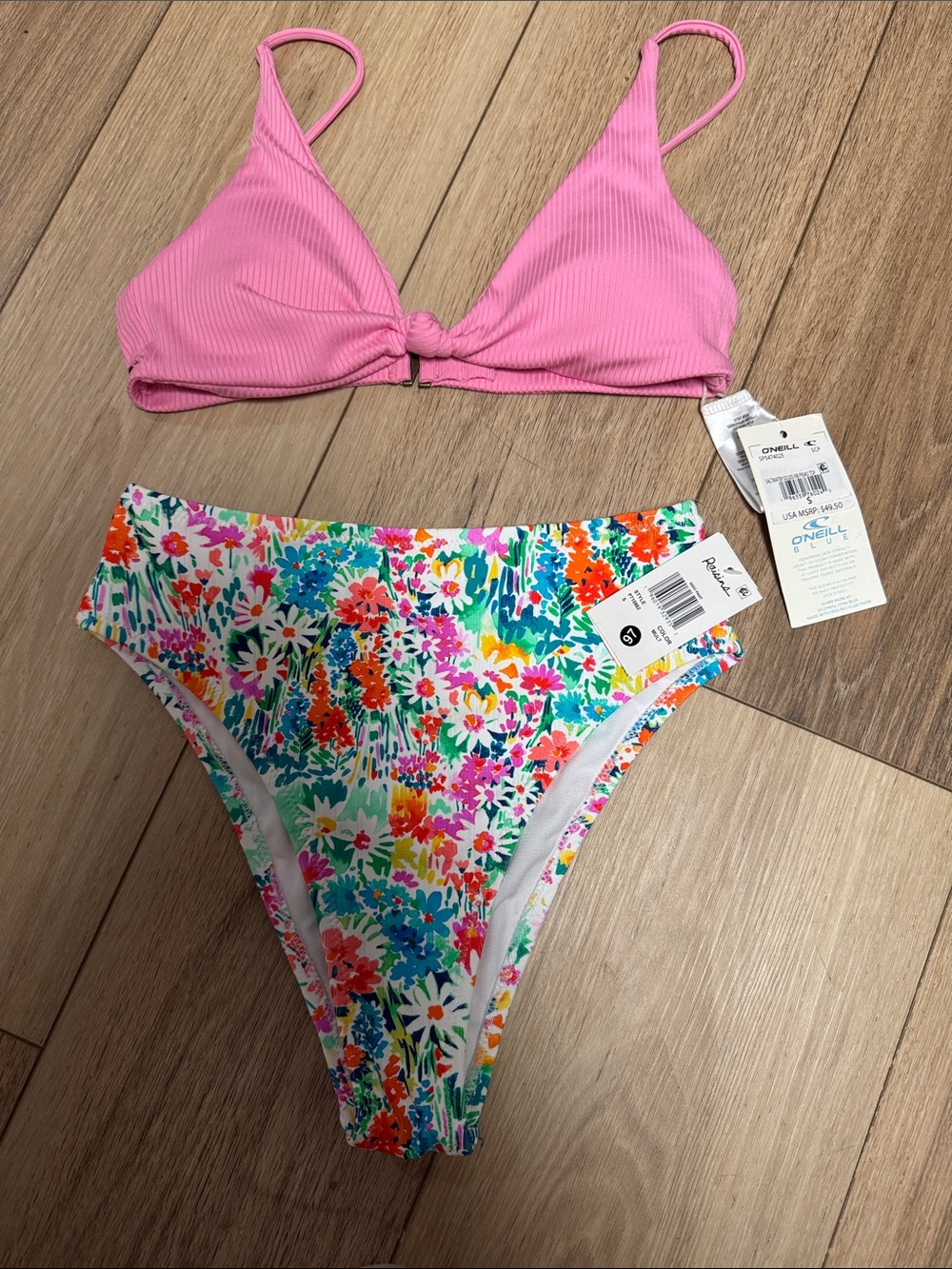 Raisins & O’Neil NWT S Pink Ribbed Knot Bikini Top Floral High-Waist Bottoms